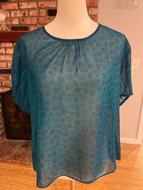 CAbi Teal Sheer Floral Short Sleeve Blouse